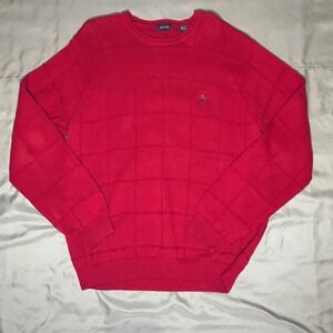 IZOD Mens Red Textured Grid Crewneck Cotton Pullover Sweater L RN36543 PC-772